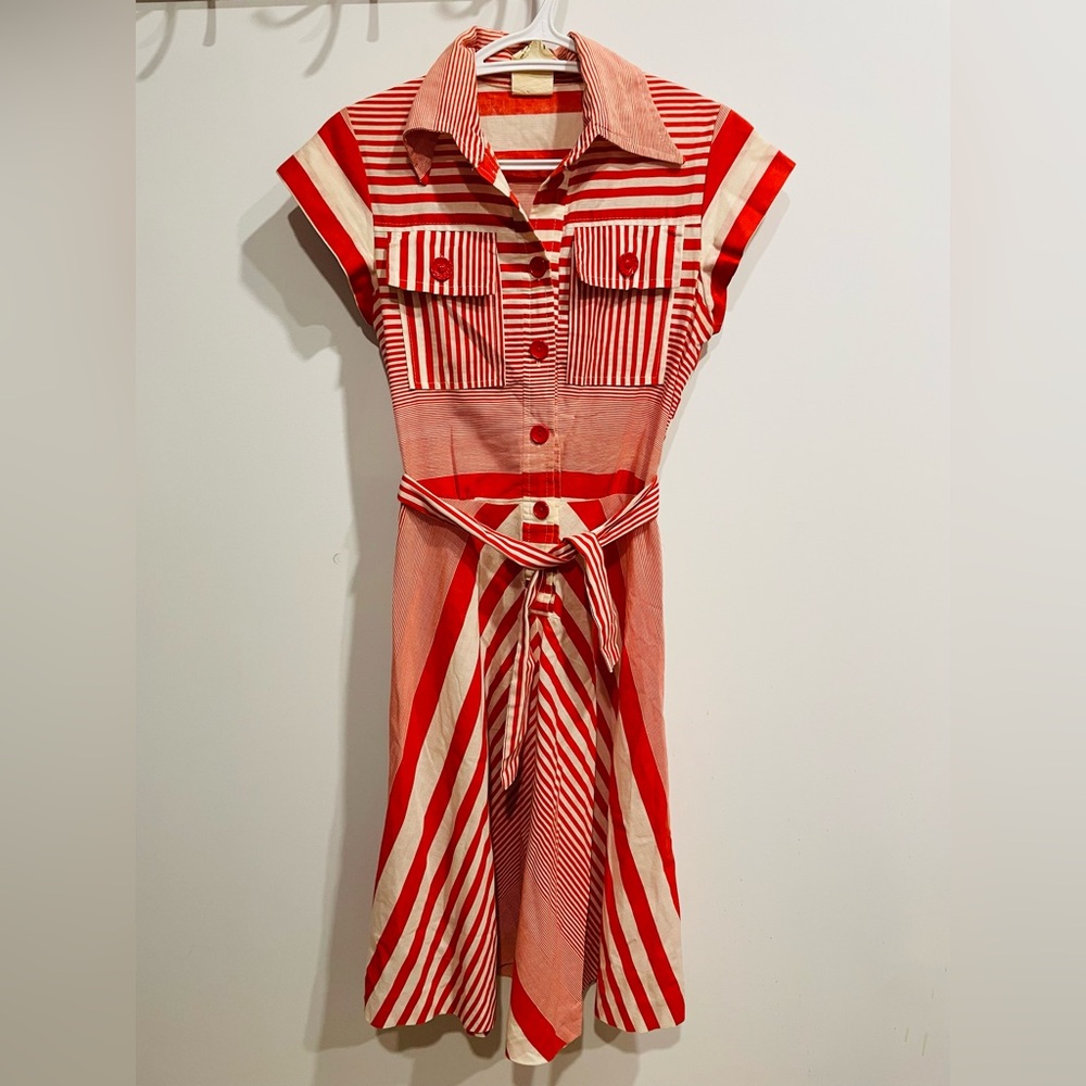 Red and White Striped Belted Shirt vintage Dress